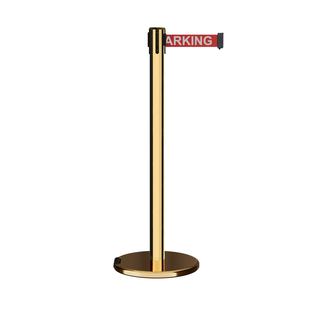 Retractable Belt Barrier Stanchion, Rolling Base, Polished Brass Post, 7.5 ft Belt - Montour Line ME630 - Crowd Control Warehouse