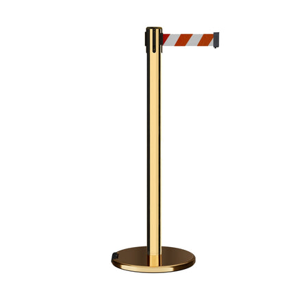 Retractable Belt Barrier Stanchion, Rolling Base, Polished Brass Post, 7.5 ft Belt - Montour Line ME630 - Crowd Control Warehouse