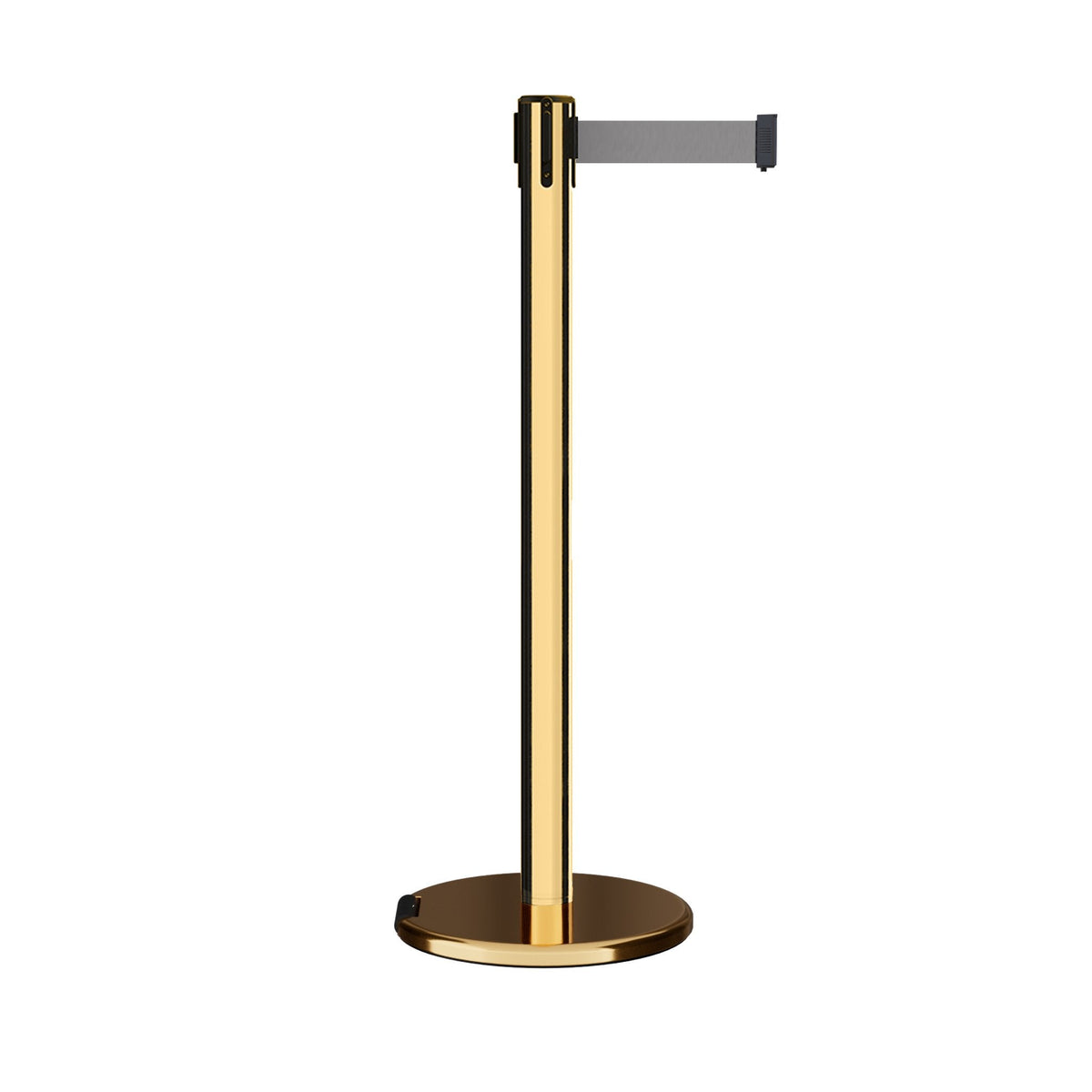 Retractable Belt Barrier Stanchion, Rolling Base, Polished Brass Post, 7.5 ft Belt - Montour Line ME630 - Crowd Control Warehouse