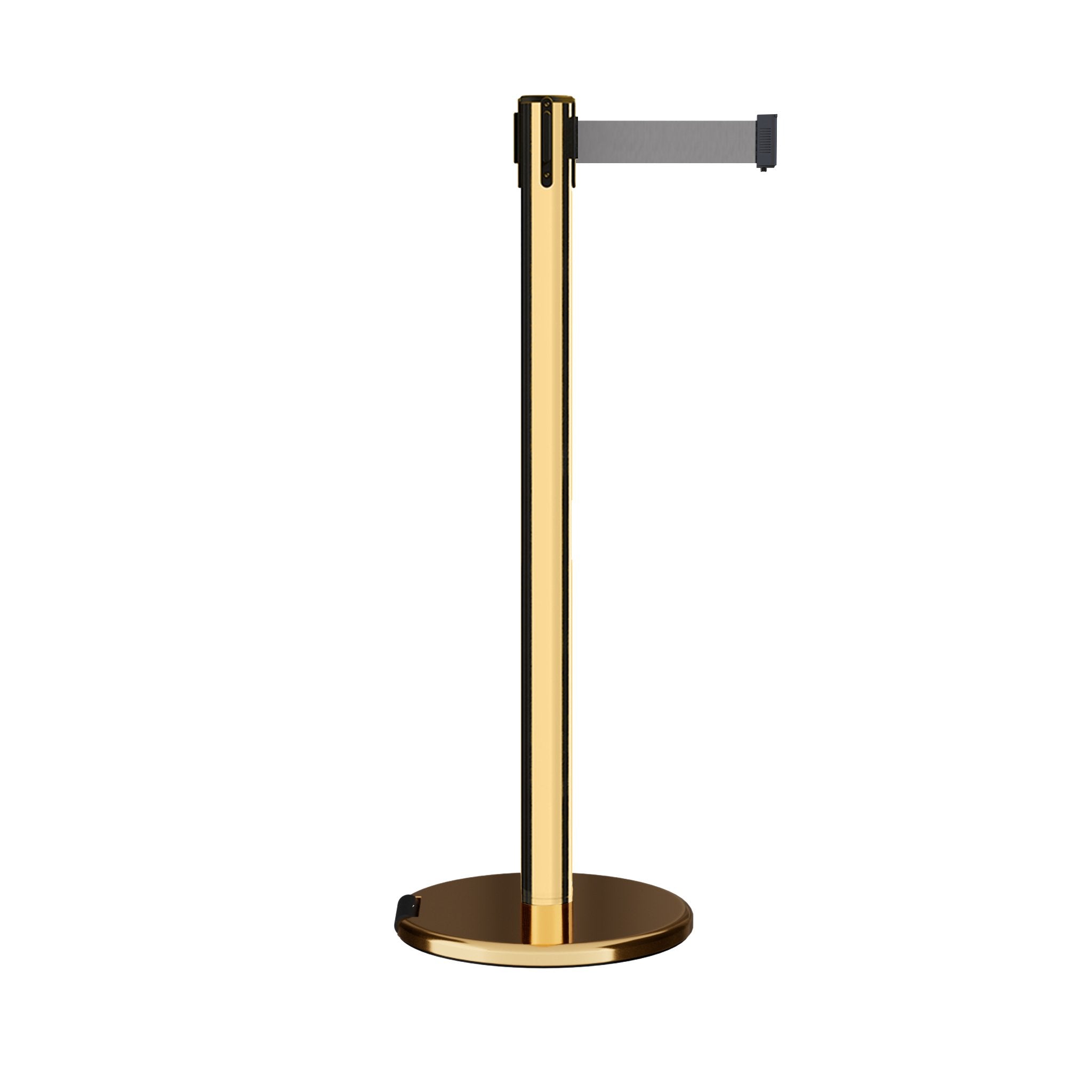 Retractable Belt Barrier Stanchion, Rolling Base, Polished Brass Post, 7.5 ft Belt - Montour Line ME630 - Crowd Control Warehouse