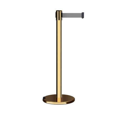 Retractable Belt Barrier Stanchion, Rolling Base, Polished Brass Post, 7.5 ft Belt - Montour Line ME630 - Crowd Control Warehouse