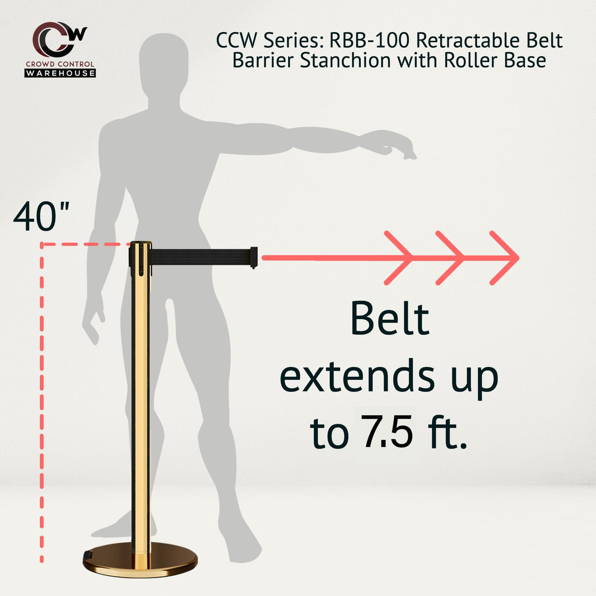 Retractable Belt Barrier Stanchion, Rolling Base, Polished Brass Post, 7.5 ft Belt - Montour Line ME630 - Crowd Control Warehouse