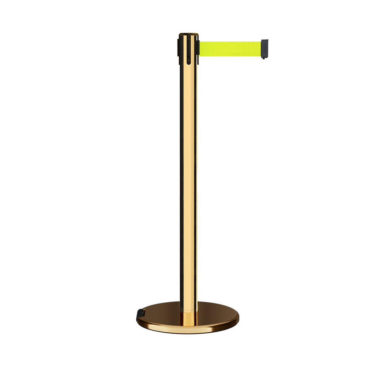Retractable Belt Barrier Stanchion, Rolling Base, Polished Brass Post, 7.5 ft Belt - Montour Line ME630 - Crowd Control Warehouse