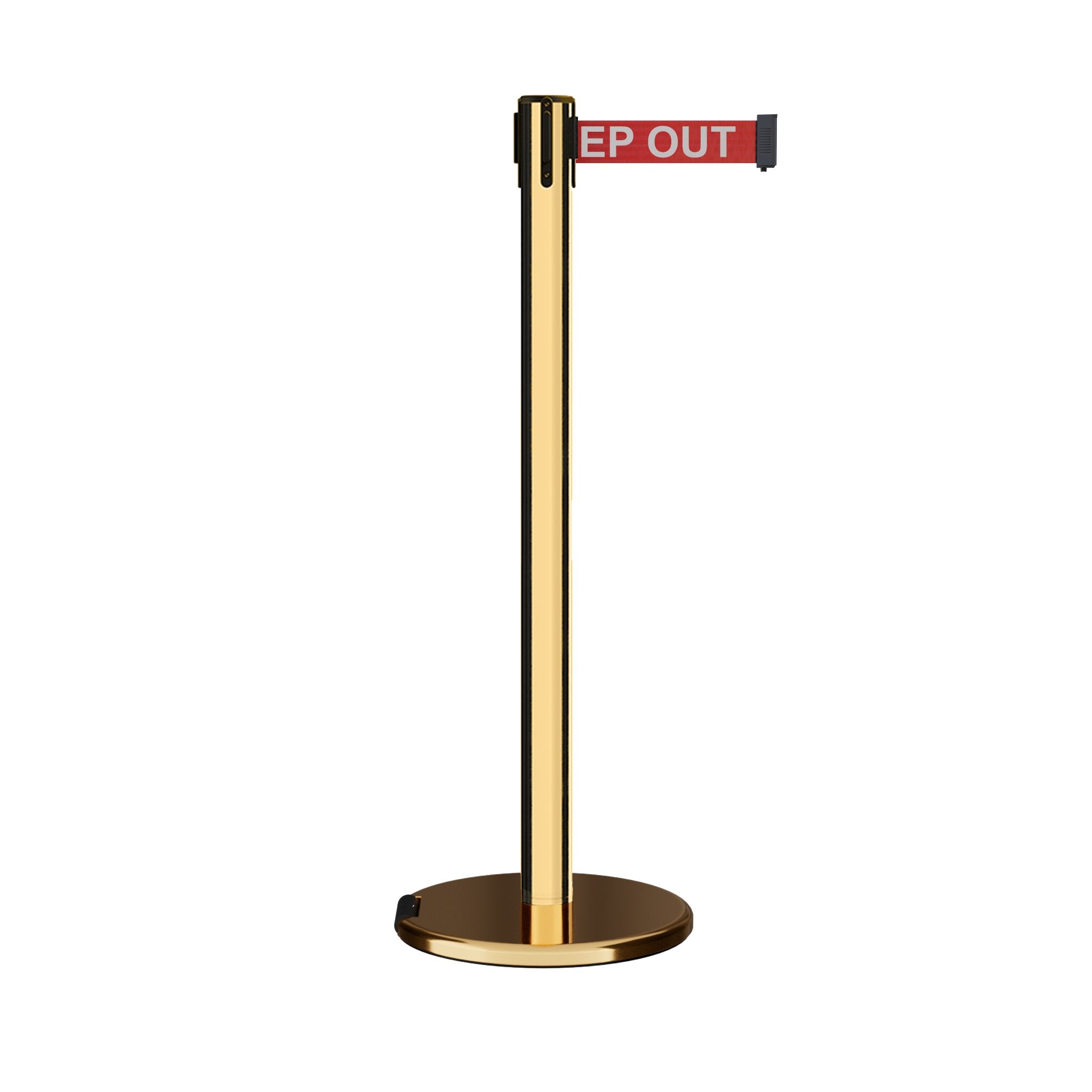 Retractable Belt Barrier Stanchion, Rolling Base, Polished Brass Post, 7.5 ft Belt - Montour Line ME630 - Crowd Control Warehouse