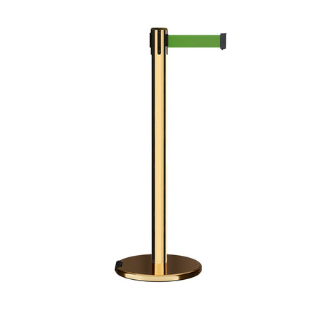Retractable Belt Barrier Stanchion, Rolling Base, Polished Brass Post, 7.5 ft Belt - Montour Line ME630 - Crowd Control Warehouse