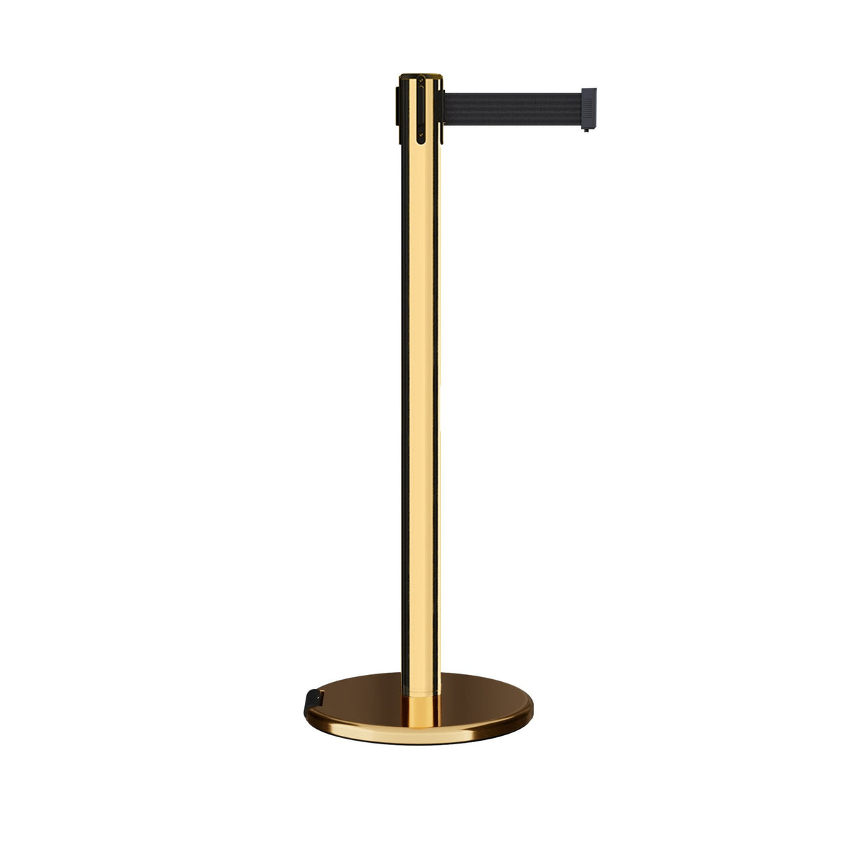 Retractable Belt Barrier Stanchion, Rolling Base, Polished Brass Post, 7.5 ft Belt - Montour Line ME630 - Crowd Control Warehouse