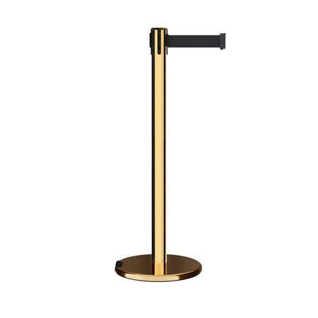Retractable Belt Barrier Stanchion, Rolling Base, Polished Brass Post, 7.5 ft Belt - Montour Line ME630 - Crowd Control Warehouse