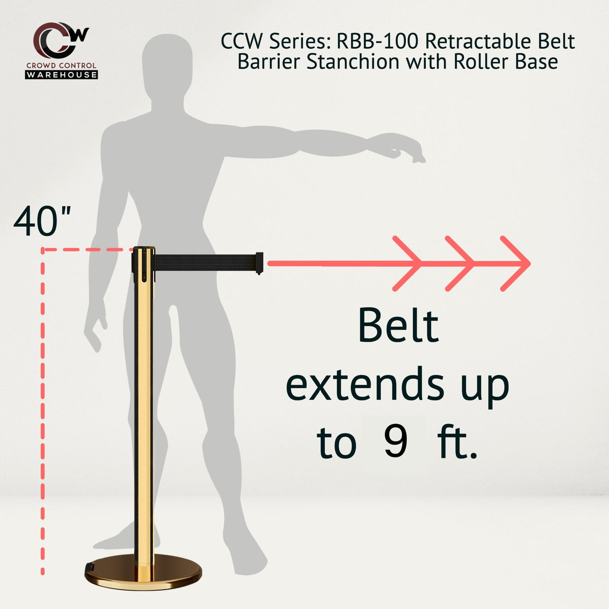 Retractable Belt Barrier Stanchion, Rolling Base, Polished Brass Post, 9 ft Belt - Montour Line ME630 - Crowd Control Warehouse