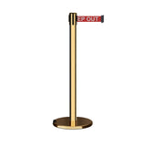 Retractable Belt Barrier Stanchion, Rolling Base, Polished Brass Post, 9 ft Belt - Montour Line ME630 - Crowd Control Warehouse