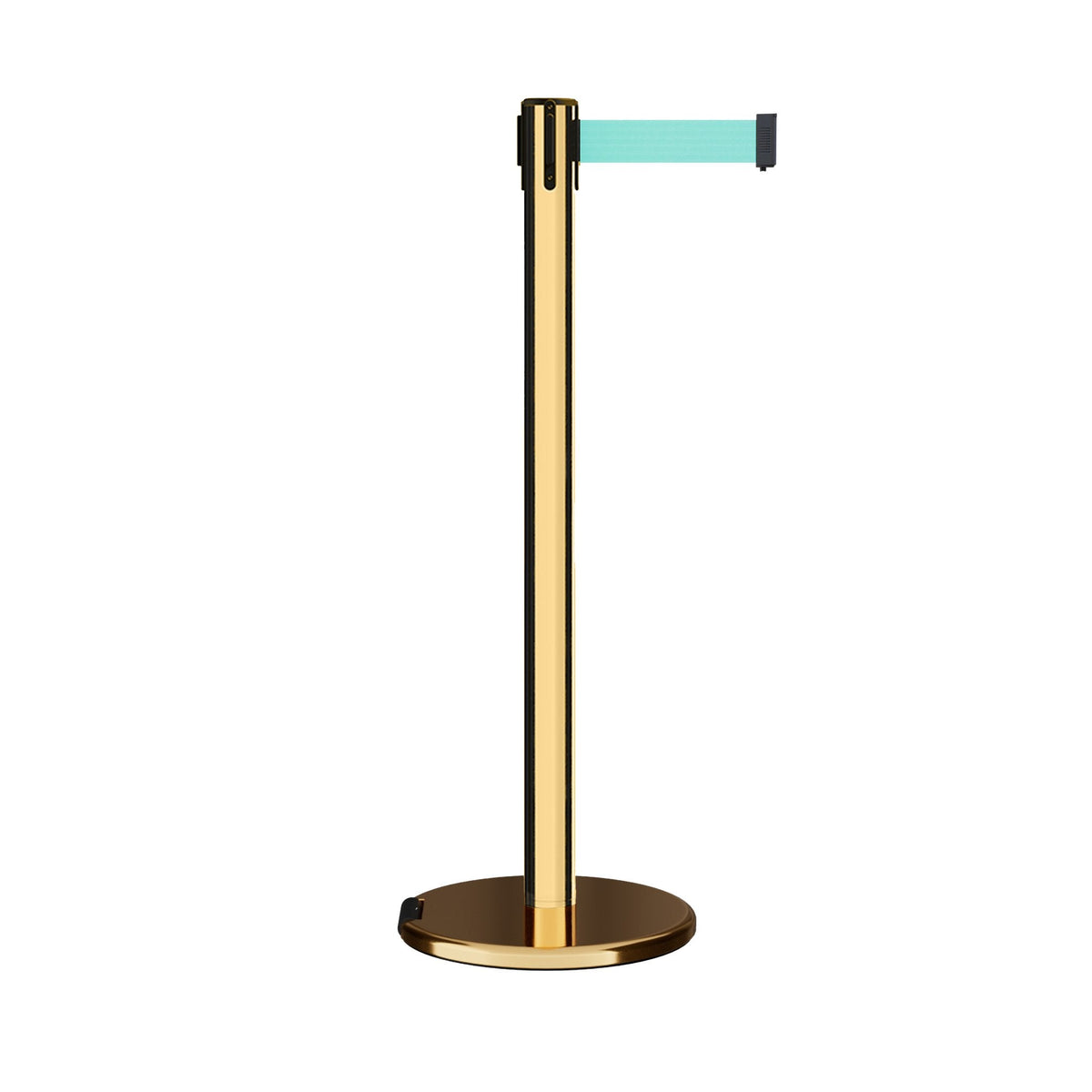 Retractable Belt Barrier Stanchion, Rolling Base, Polished Brass Post, 9 ft Belt - Montour Line ME630 - Crowd Control Warehouse