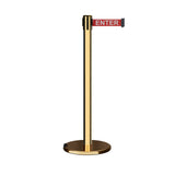 Retractable Belt Barrier Stanchion, Rolling Base, Polished Brass Post, 9 ft Belt - Montour Line ME630 - Crowd Control Warehouse