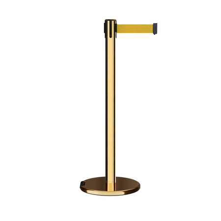 Retractable Belt Barrier Stanchion, Rolling Base, Polished Brass Post, 9 ft Belt - Montour Line ME630 - Crowd Control Warehouse