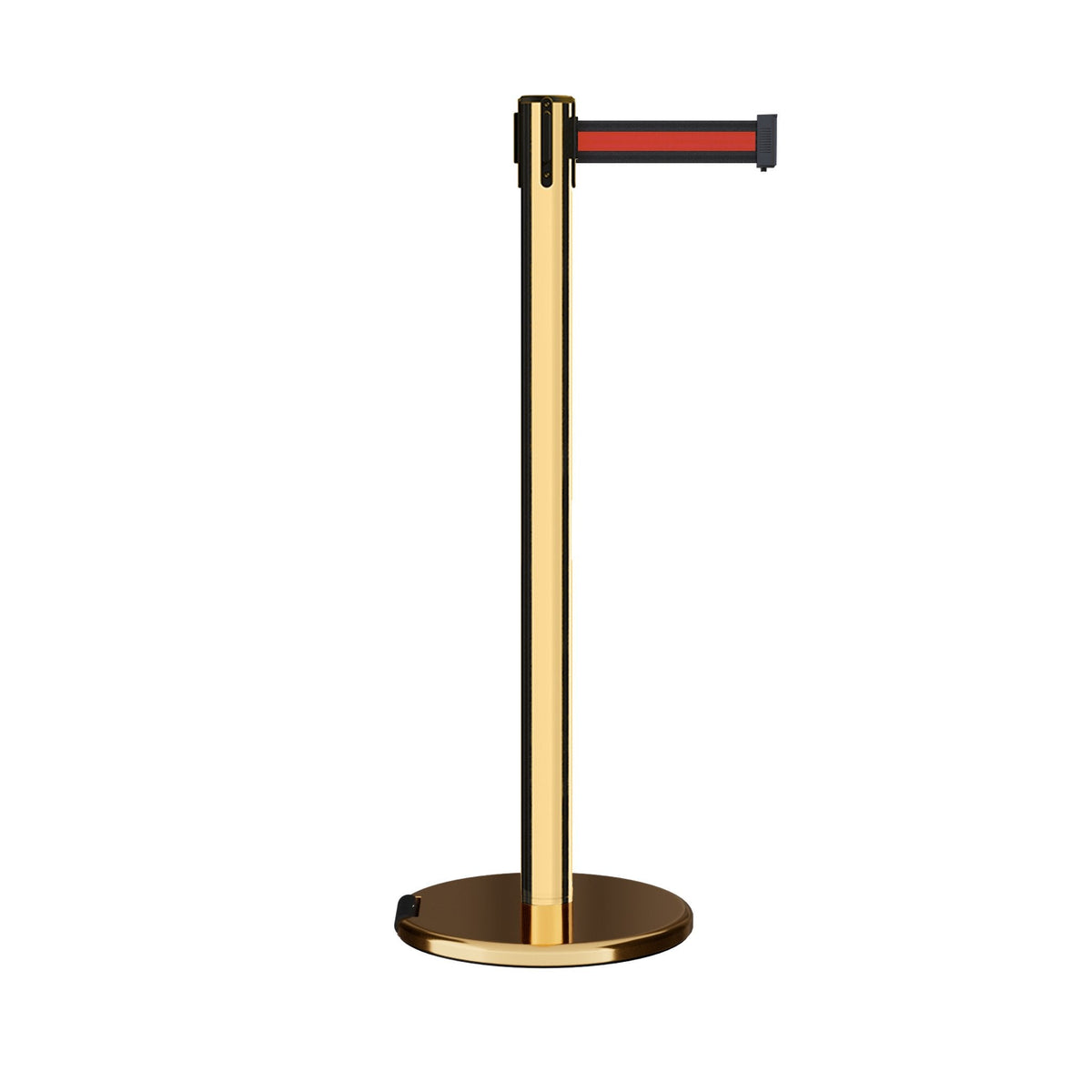 Retractable Belt Barrier Stanchion, Rolling Base, Polished Brass Post, 9 ft Belt - Montour Line ME630 - Crowd Control Warehouse