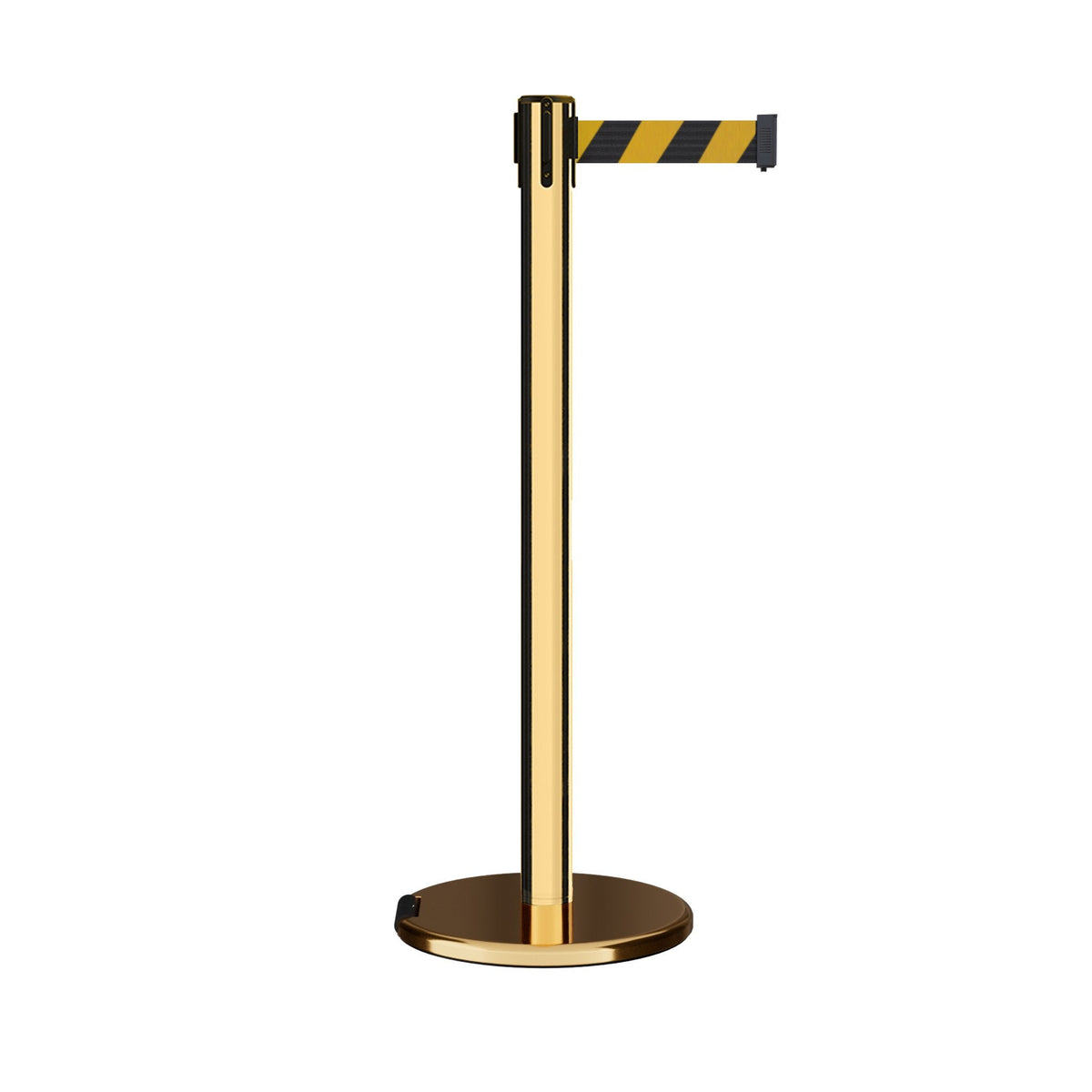 Retractable Belt Barrier Stanchion, Rolling Base, Polished Brass Post, 9 ft Belt - Montour Line ME630 - Crowd Control Warehouse