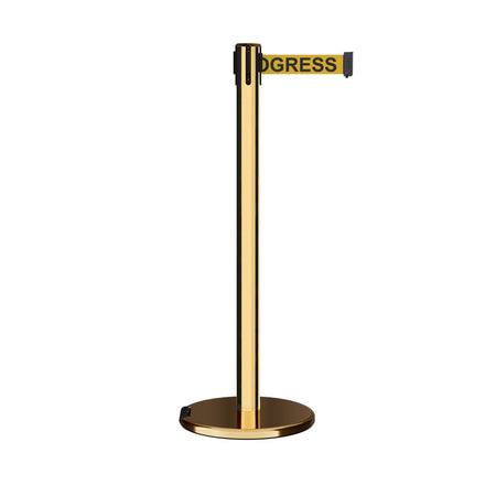 Retractable Belt Barrier Stanchion, Rolling Base, Polished Brass Post, 9 ft Belt - Montour Line ME630 - Crowd Control Warehouse