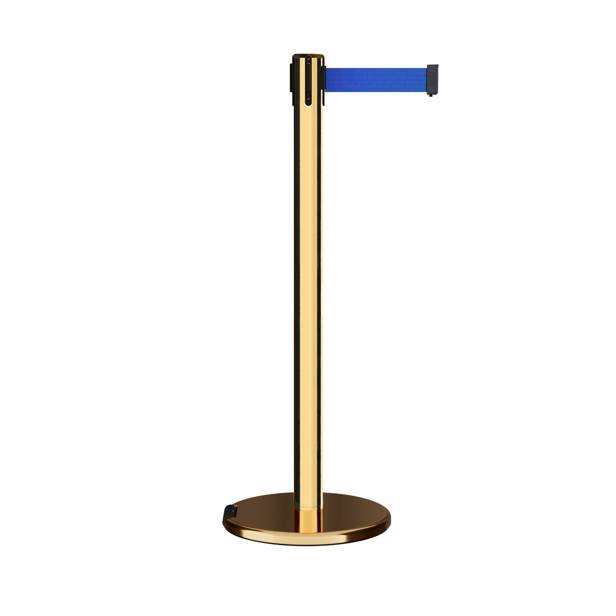 Retractable Belt Barrier Stanchion, Rolling Base, Polished Brass Post, 9 ft Belt - Montour Line ME630 - Crowd Control Warehouse