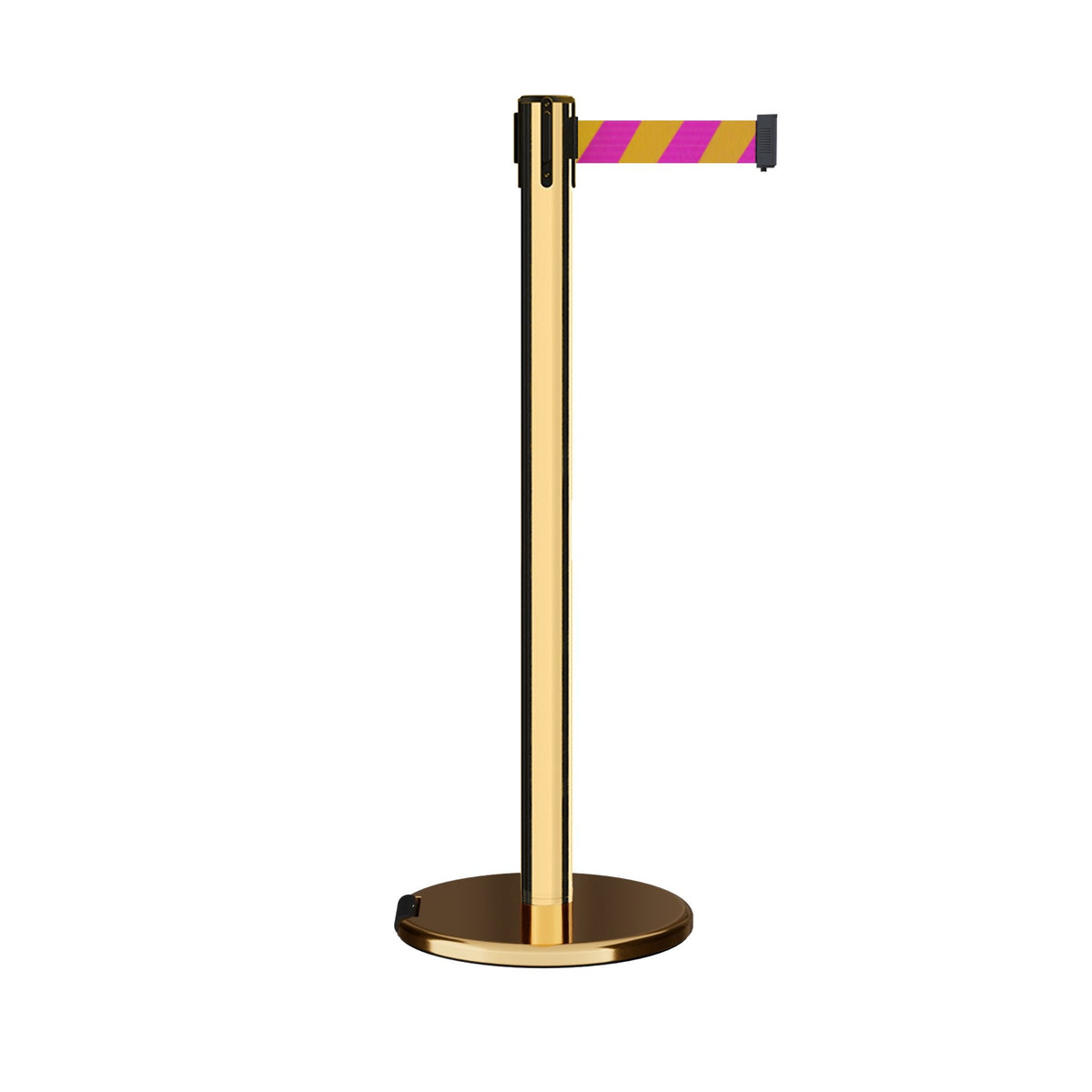 Retractable Belt Barrier Stanchion, Rolling Base, Polished Brass Post, 9 ft Belt - Montour Line ME630 - Crowd Control Warehouse