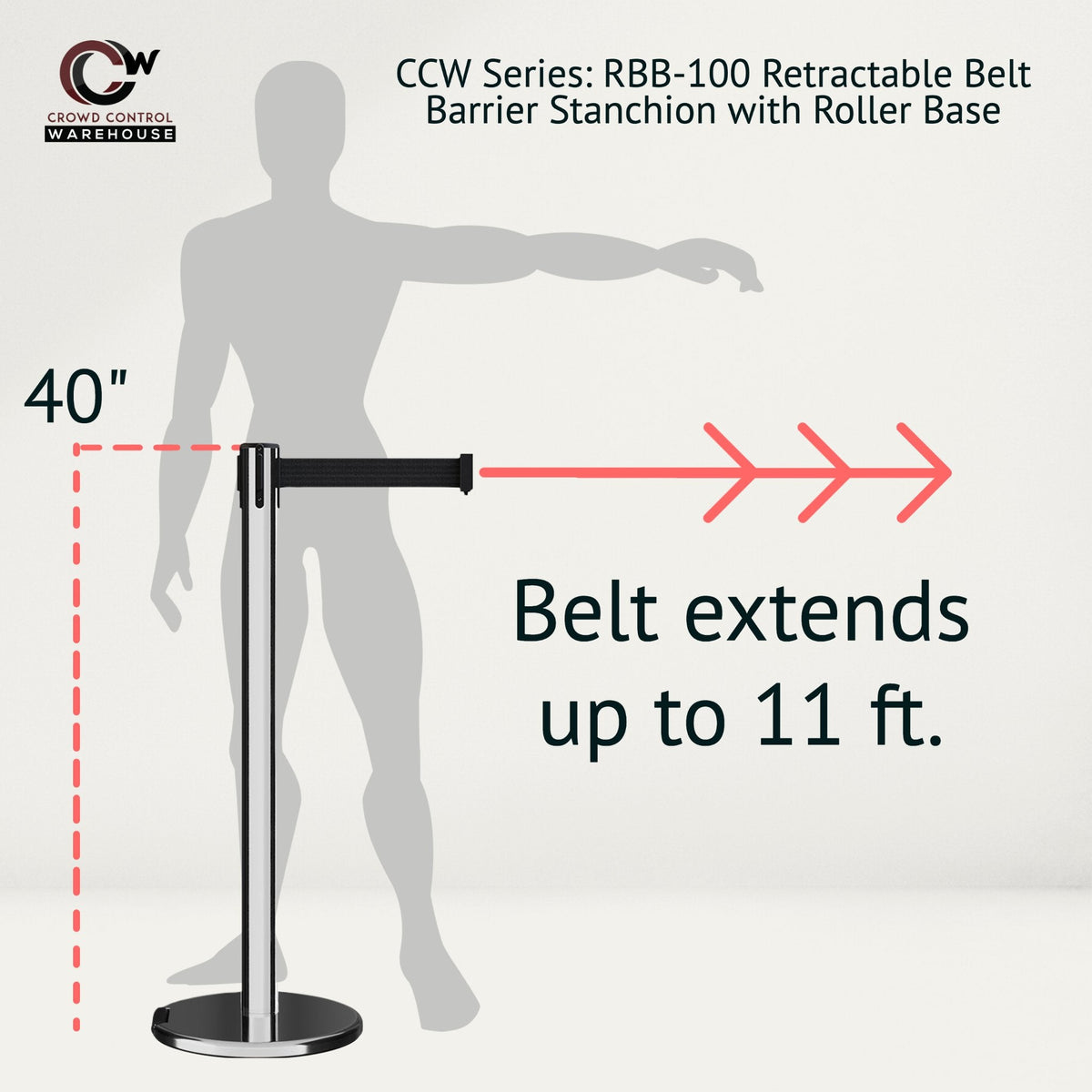 Retractable Belt Barrier Stanchion, Rolling Base, Polished Stainless Steel Post, 11 ft Belt - Montour Line ME630 - Crowd Control Warehouse