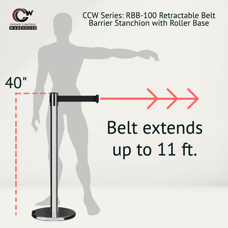 Retractable Belt Barrier Stanchion, Rolling Base, Polished Stainless Steel Post, 11 ft Belt - Montour Line ME630 - Crowd Control Warehouse