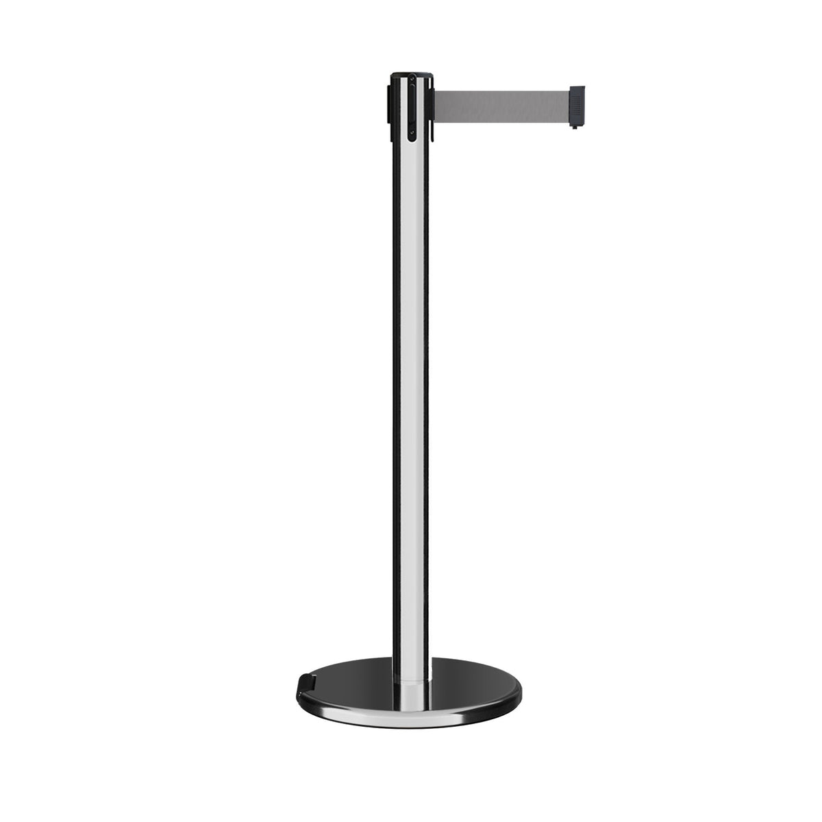 Retractable Belt Barrier Stanchion, Rolling Base, Polished Stainless Steel Post, 11 ft Belt - Montour Line ME630 - Crowd Control Warehouse