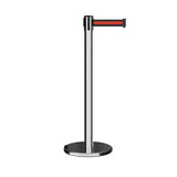 Retractable Belt Barrier Stanchion, Rolling Base, Polished Stainless Steel Post, 11 ft Belt - Montour Line ME630 - Crowd Control Warehouse