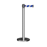 Retractable Belt Barrier Stanchion, Rolling Base, Polished Stainless Steel Post, 11 ft Belt - Montour Line ME630 - Crowd Control Warehouse