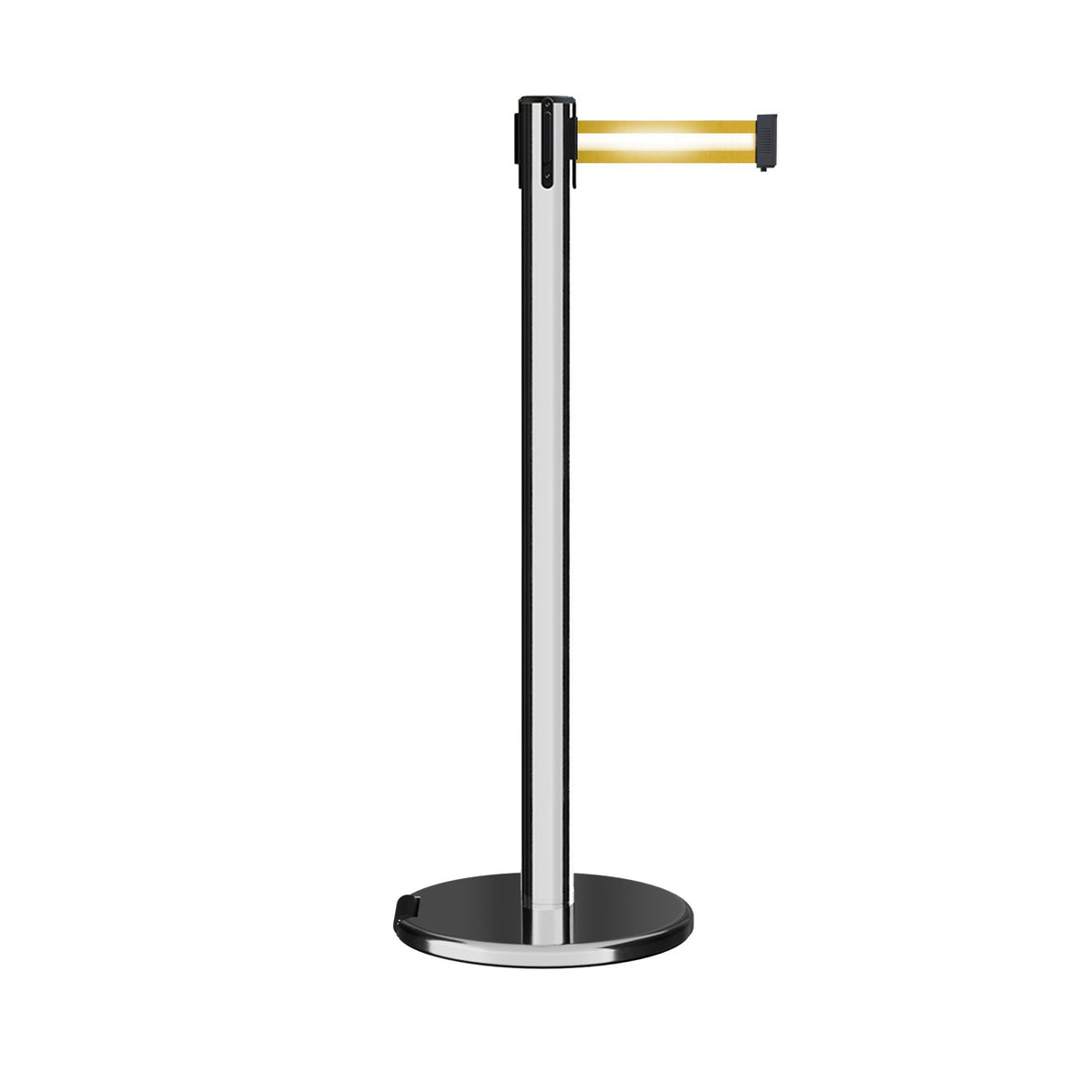 Retractable Belt Barrier Stanchion, Rolling Base, Polished Stainless Steel Post, 11 ft Belt - Montour Line ME630 - Crowd Control Warehouse