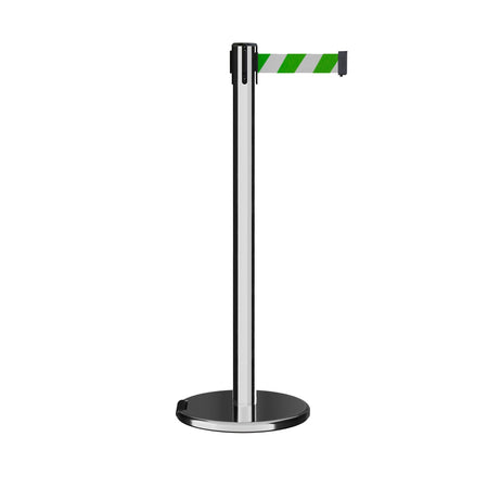 Retractable Belt Barrier Stanchion, Rolling Base, Polished Stainless Steel Post, 7.5 ft Belt - Montour Line ME630 - Crowd Control Warehouse