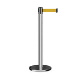 Retractable Belt Barrier Stanchion, Rolling Base, Polished Stainless Steel Post, 7.5 ft Belt - Montour Line ME630 - Crowd Control Warehouse