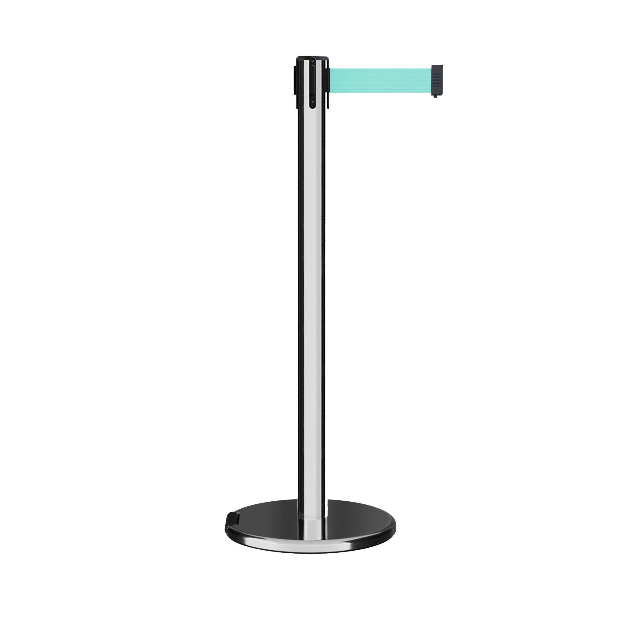 Retractable Belt Barrier Stanchion, Rolling Base, Polished Stainless Steel Post, 7.5 ft Belt - Montour Line ME630 - Crowd Control Warehouse