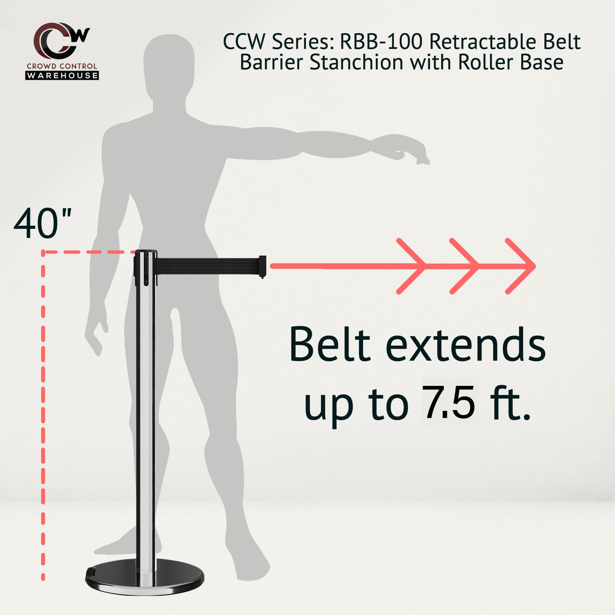 Retractable Belt Barrier Stanchion, Rolling Base, Polished Stainless Steel Post, 7.5 ft Belt - Montour Line ME630 - Crowd Control Warehouse