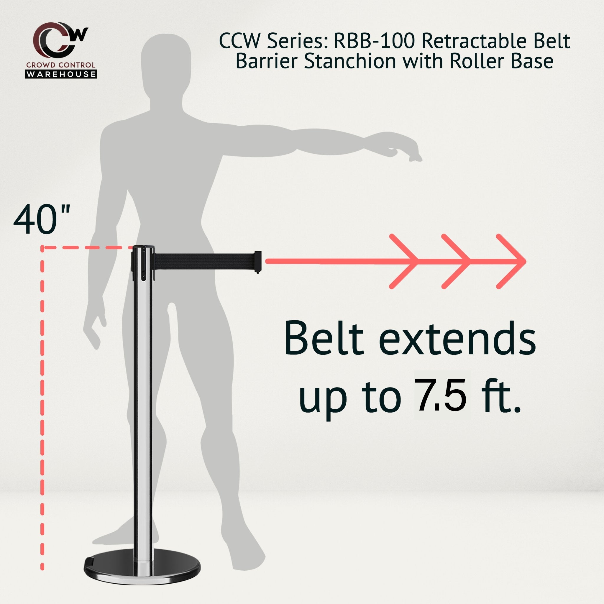 Retractable Belt Barrier Stanchion, Rolling Base, Polished Stainless Steel Post, 7.5 ft Belt - Montour Line ME630 - Crowd Control Warehouse