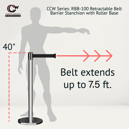 Retractable Belt Barrier Stanchion, Rolling Base, Polished Stainless Steel Post, 7.5 ft Belt - Montour Line ME630 - Crowd Control Warehouse