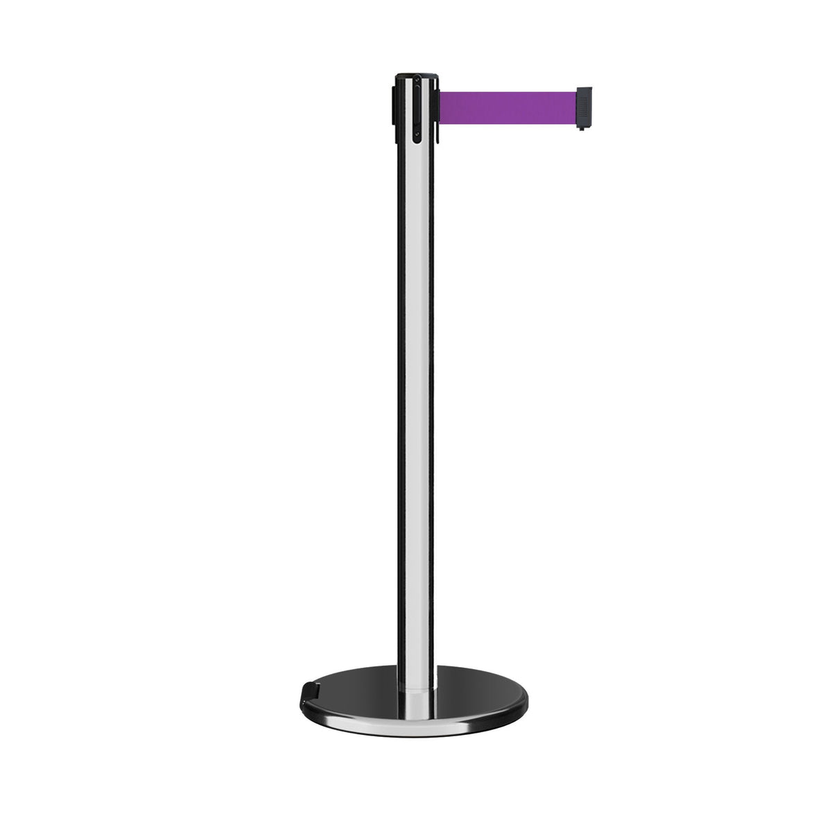 Retractable Belt Barrier Stanchion, Rolling Base, Polished Stainless Steel Post, 7.5 ft Belt - Montour Line ME630 - Crowd Control Warehouse