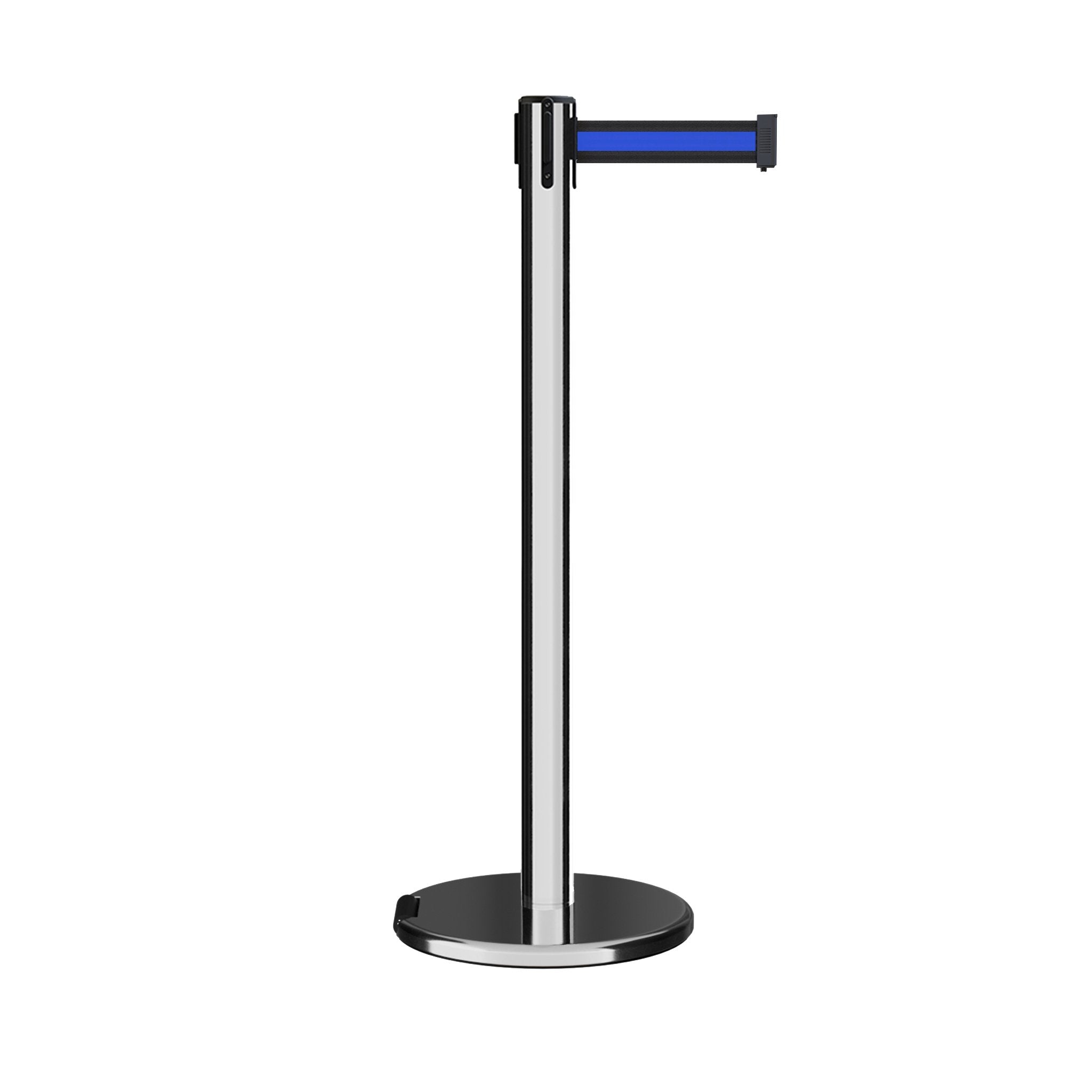 Retractable Belt Barrier Stanchion, Rolling Base, Polished Stainless Steel Post, 7.5 ft Belt - Montour Line ME630 - Crowd Control Warehouse