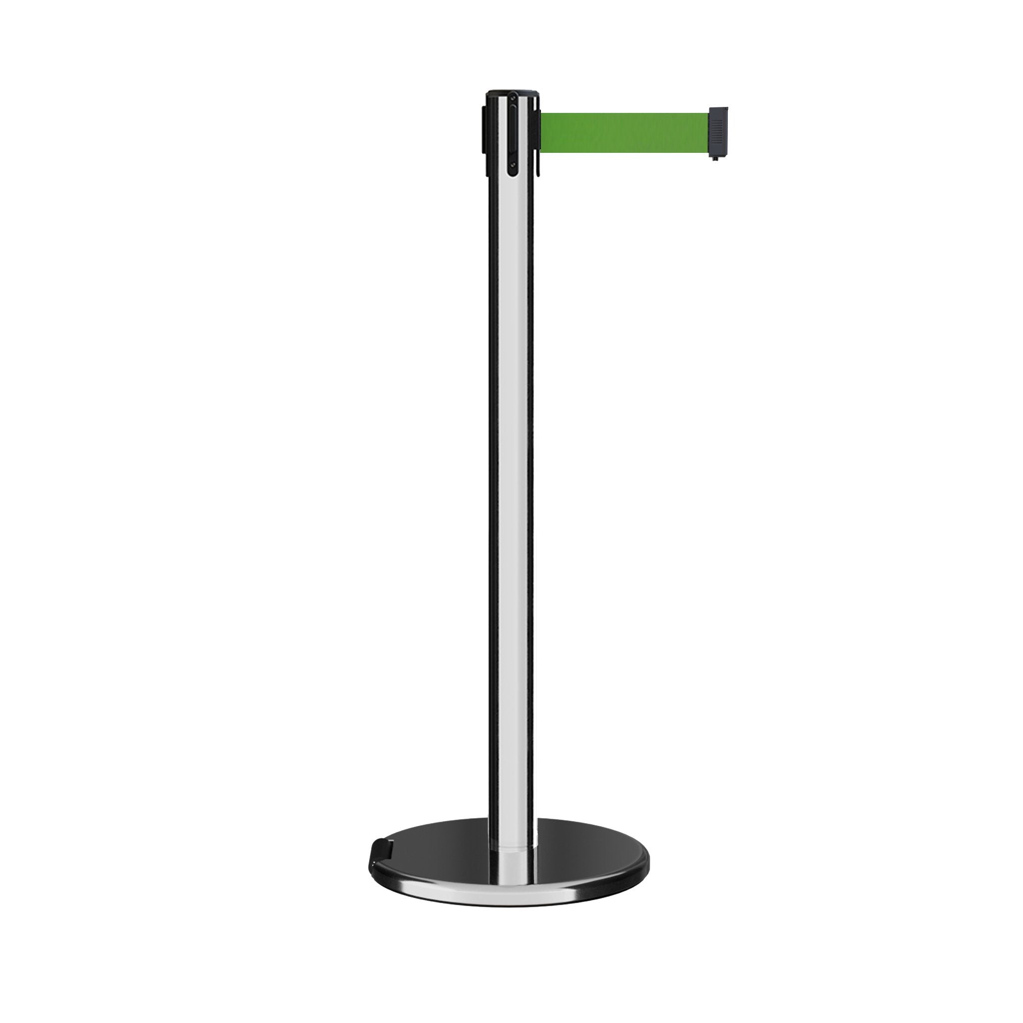 Retractable Belt Barrier Stanchion, Rolling Base, Polished Stainless Steel Post, 7.5 ft Belt - Montour Line ME630 - Crowd Control Warehouse