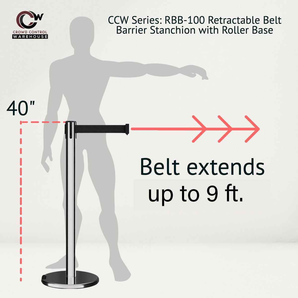 Retractable Belt Barrier Stanchion, Rolling Base, Polished Stainless Steel Post, 9 ft Belt - Montour Line ME630 - Crowd Control Warehouse
