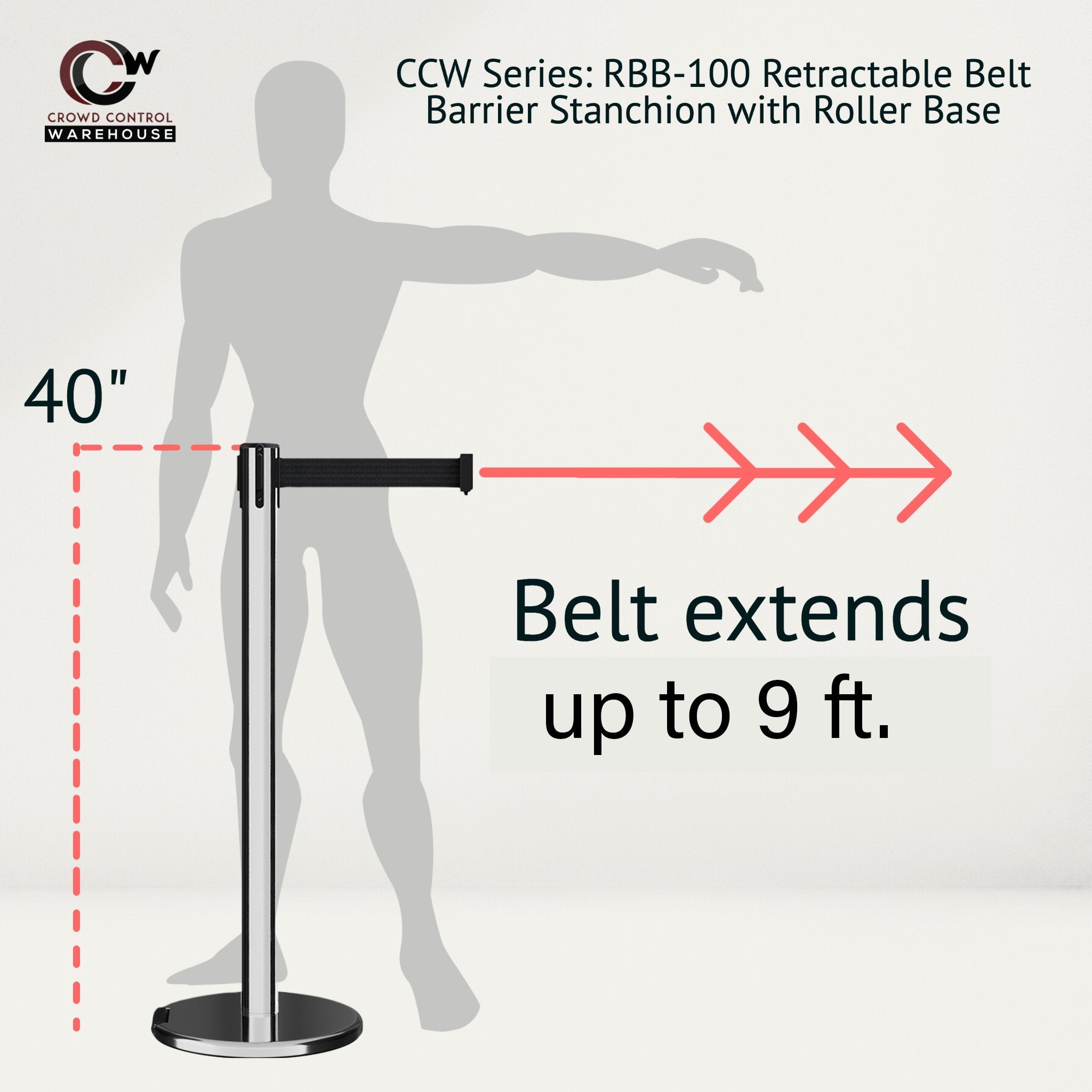 Retractable Belt Barrier Stanchion, Rolling Base, Polished Stainless Steel Post, 9 ft Belt - Montour Line ME630 - Crowd Control Warehouse