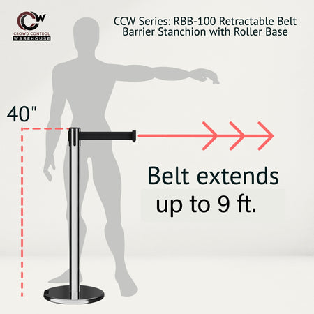 Retractable Belt Barrier Stanchion, Rolling Base, Polished Stainless Steel Post, 9 ft Belt - Montour Line ME630 - Crowd Control Warehouse