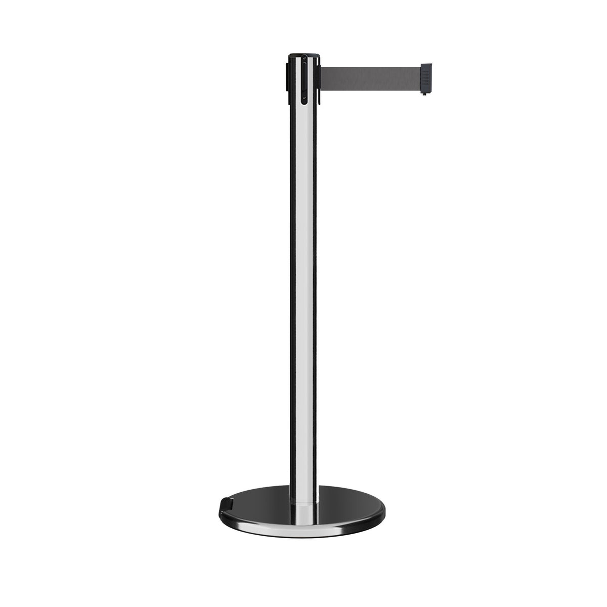 Retractable Belt Barrier Stanchion, Rolling Base, Polished Stainless Steel Post, 9 ft Belt - Montour Line ME630 - Crowd Control Warehouse