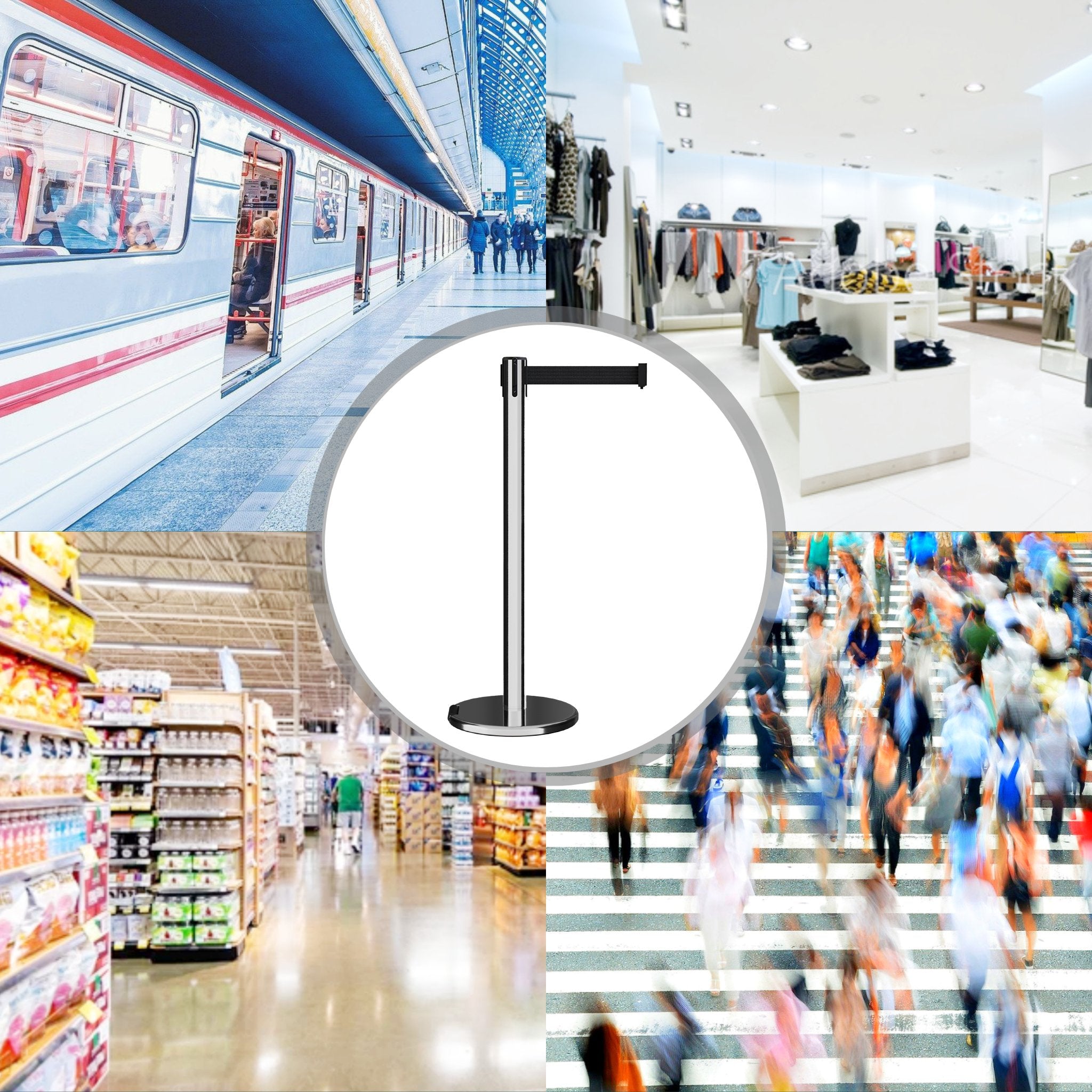 Retractable Belt Barrier Stanchion, Rolling Base, Polished Stainless Steel Post, 9 ft Belt - Montour Line ME630 - Crowd Control Warehouse