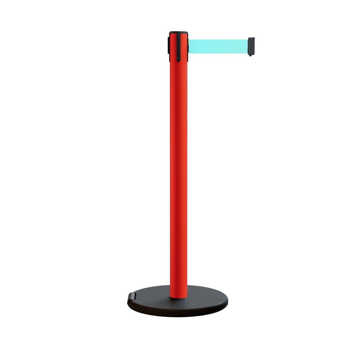 Retractable Belt Barrier Stanchion, Rolling Base, Red Steel Post, 11 ft Belt - Montour Line MSE630 - Crowd Control Warehouse