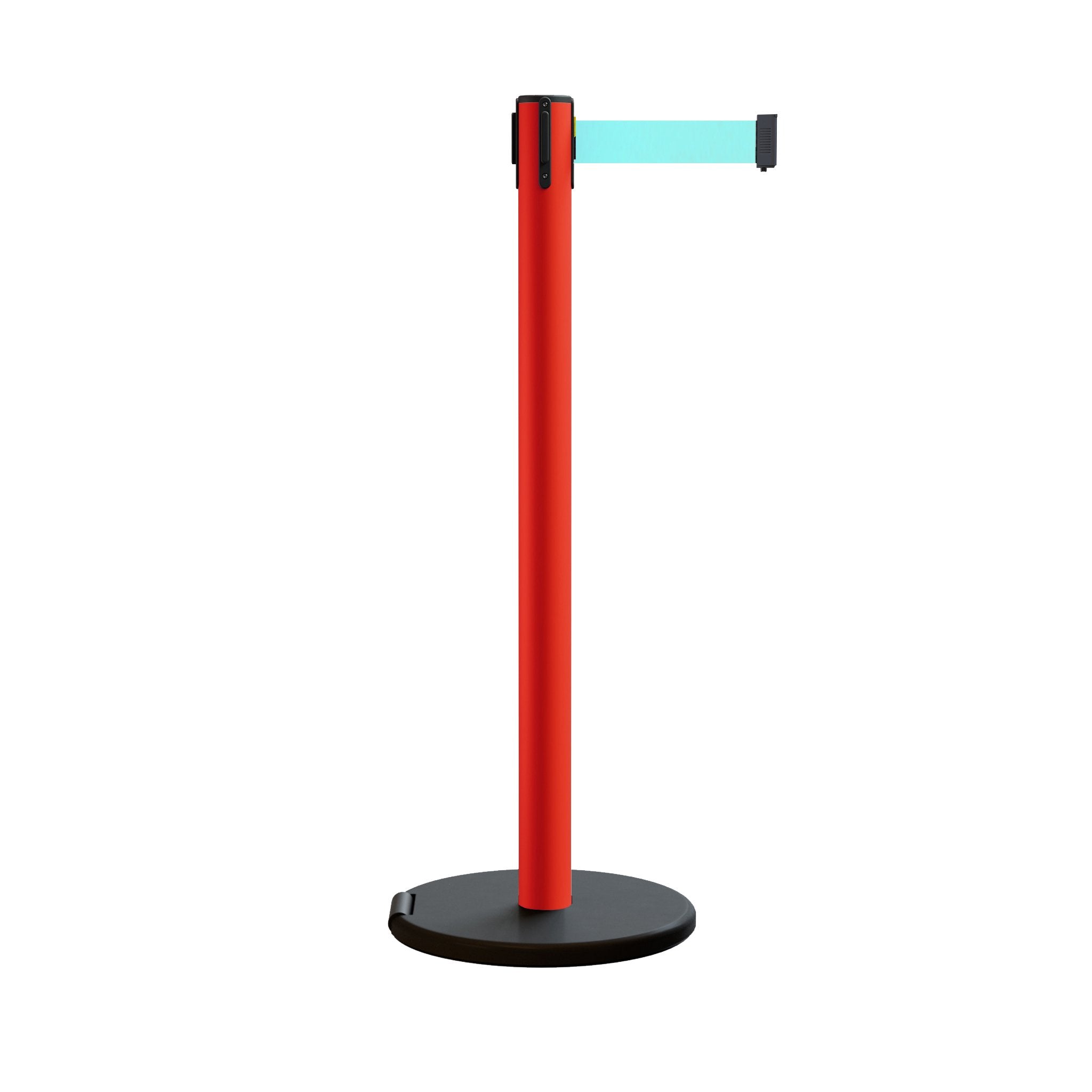 Retractable Belt Barrier Stanchion, Rolling Base, Red Steel Post, 11 ft Belt - Montour Line MSE630 - Crowd Control Warehouse