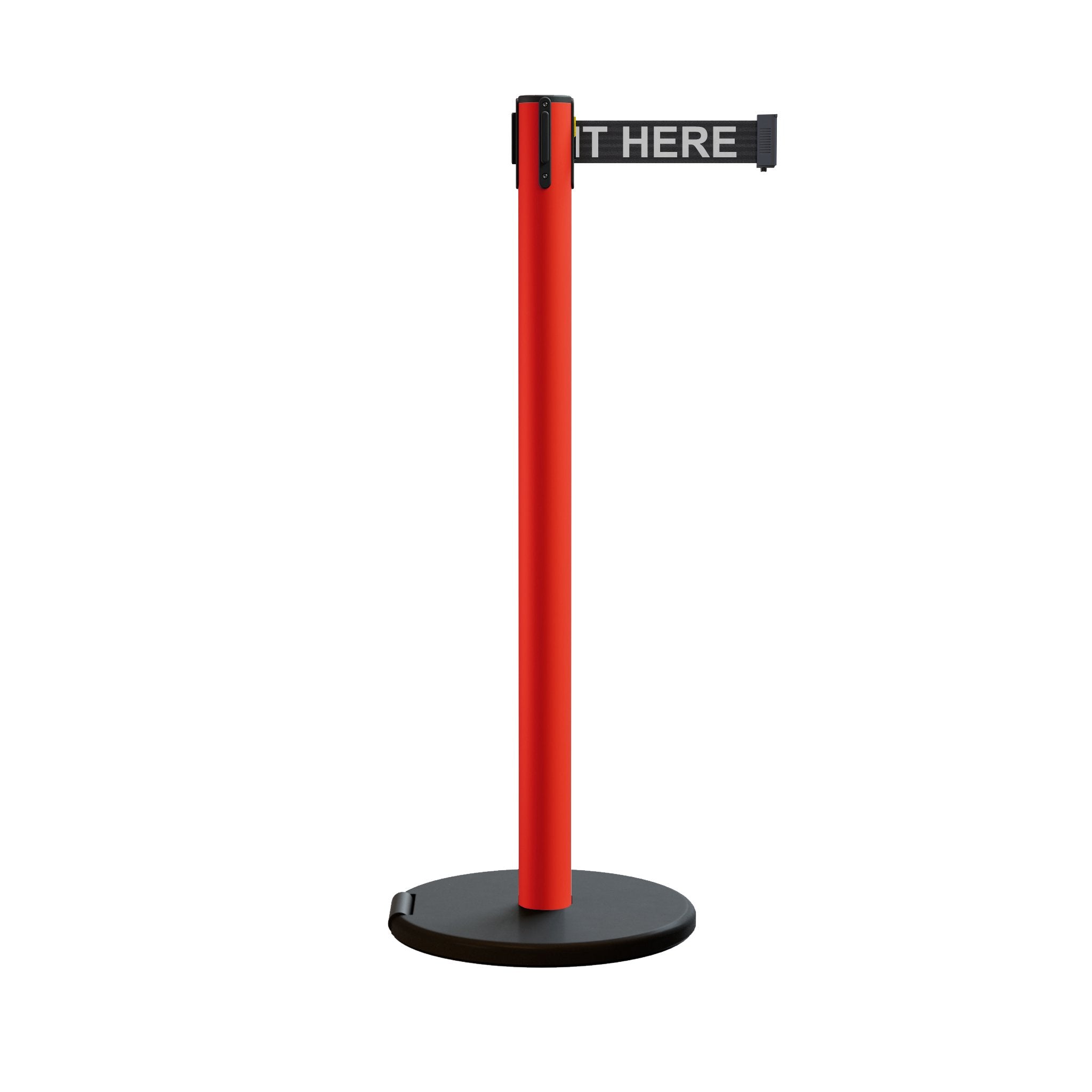 Retractable Belt Barrier Stanchion, Rolling Base, Red Steel Post, 11 ft Belt - Montour Line MSE630 - Crowd Control Warehouse