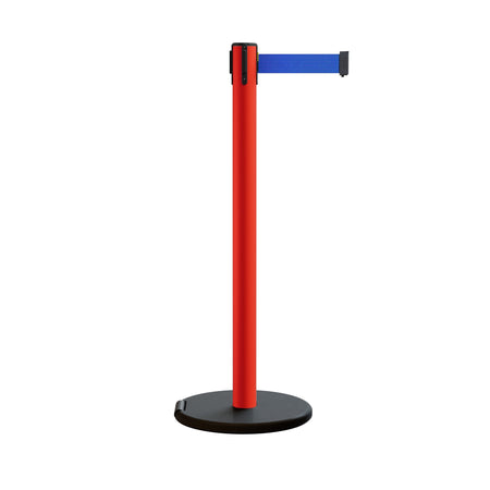 Retractable Belt Barrier Stanchion, Rolling Base, Red Steel Post, 11 ft Belt - Montour Line MSE630 - Crowd Control Warehouse