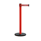 Retractable Belt Barrier Stanchion, Rolling Base, Red Steel Post, 11 ft Belt - Montour Line MSE630 - Crowd Control Warehouse