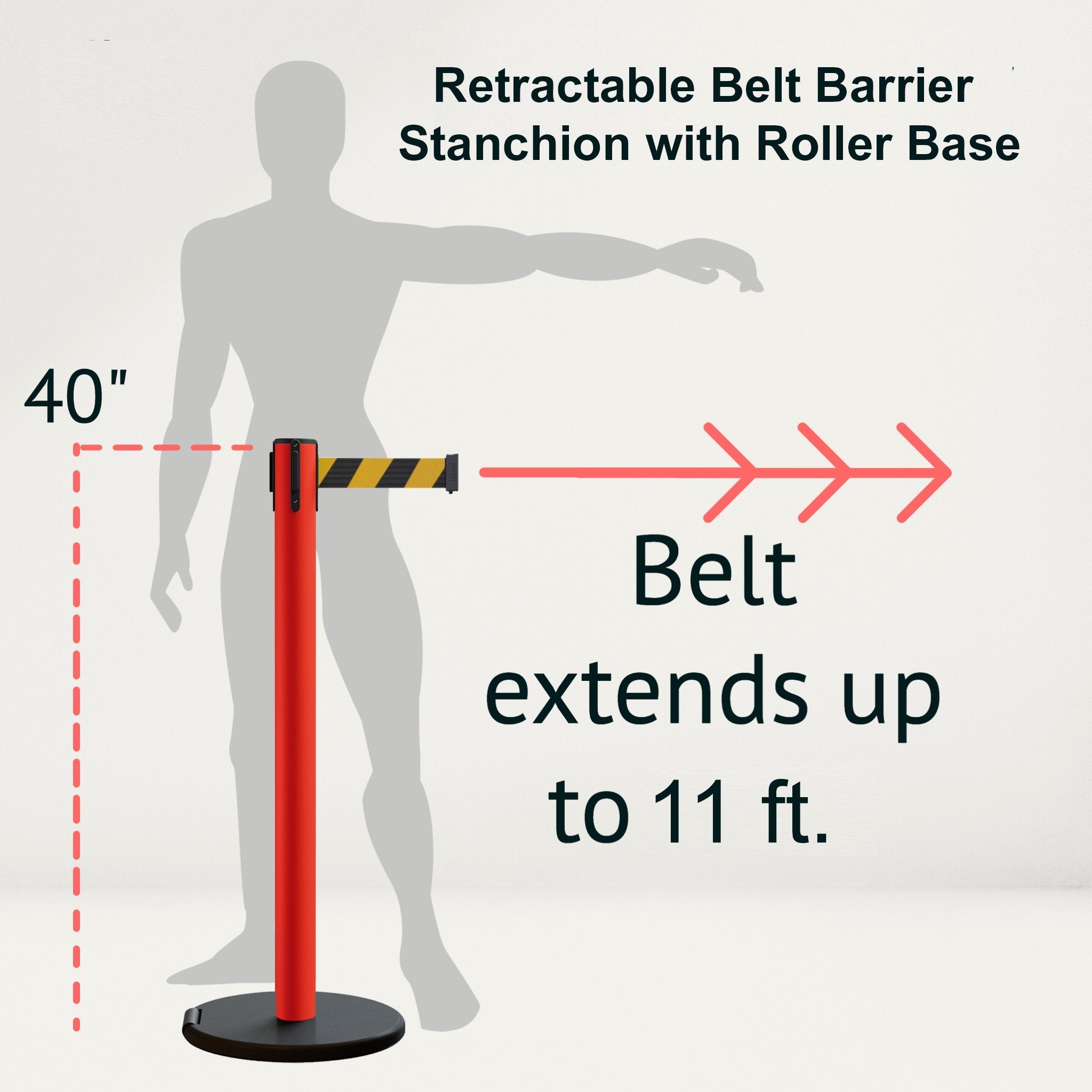 Retractable Belt Barrier Stanchion, Rolling Base, Red Steel Post, 11 ft Belt - Montour Line MSE630 - Crowd Control Warehouse