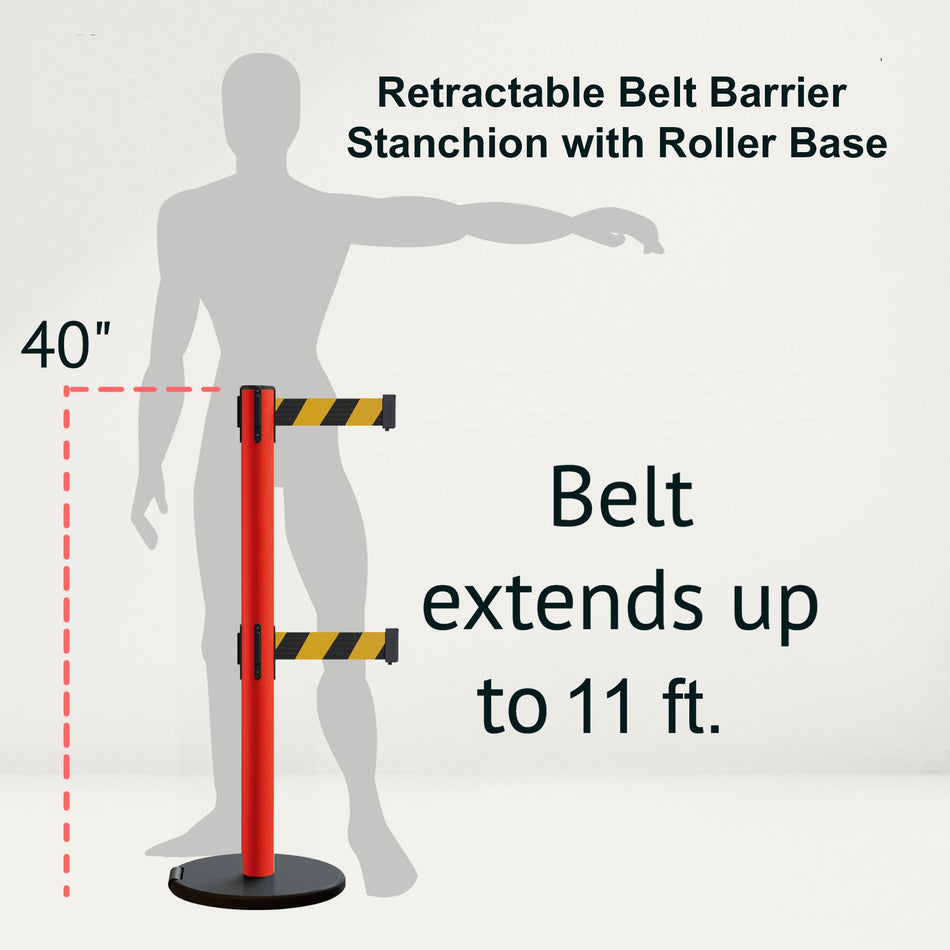 Retractable Belt Barrier Stanchion, Rolling Base, Red Steel Post, 11 ft Dual Belt - Montour Line MSE630D - Crowd Control Warehouse