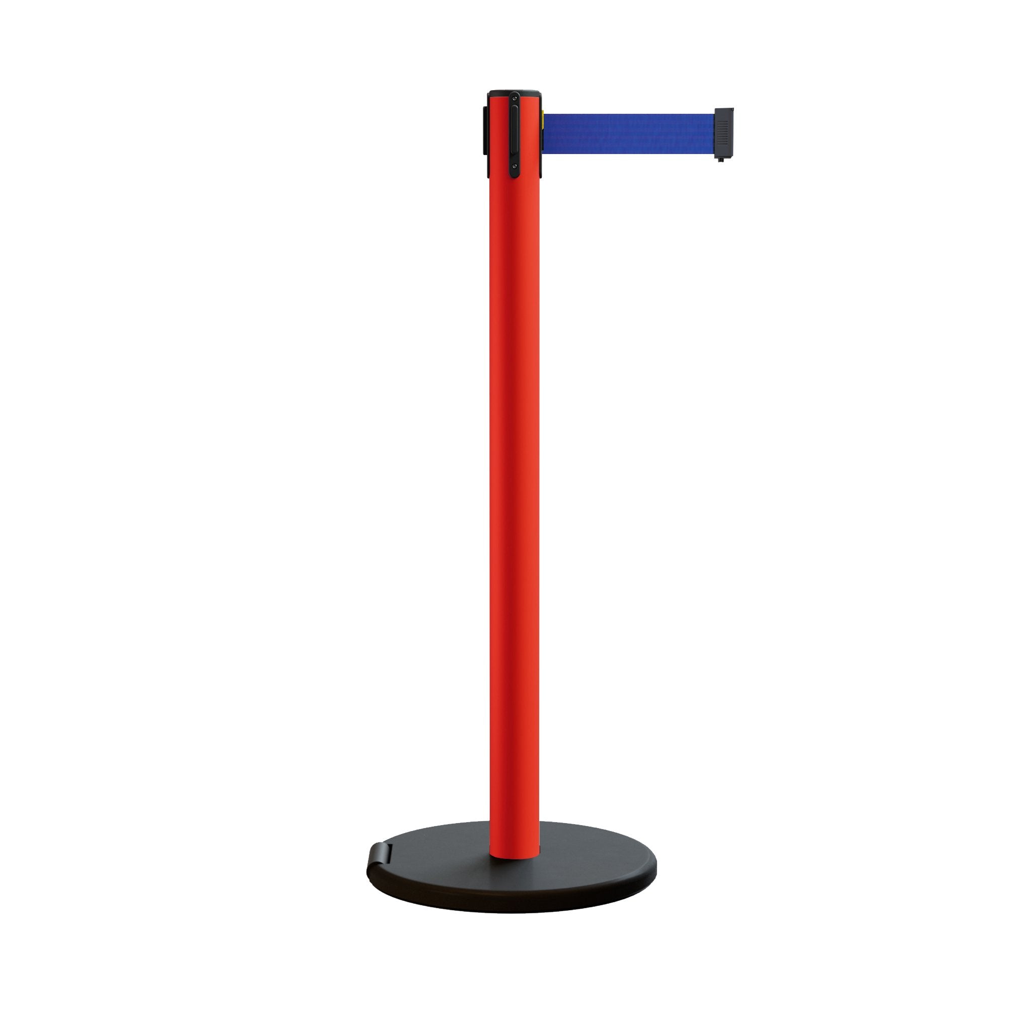 Retractable Belt Barrier Stanchion, Rolling Base, Red Steel Post, 13 ft Belt - Montour Line MSE630 - Crowd Control Warehouse