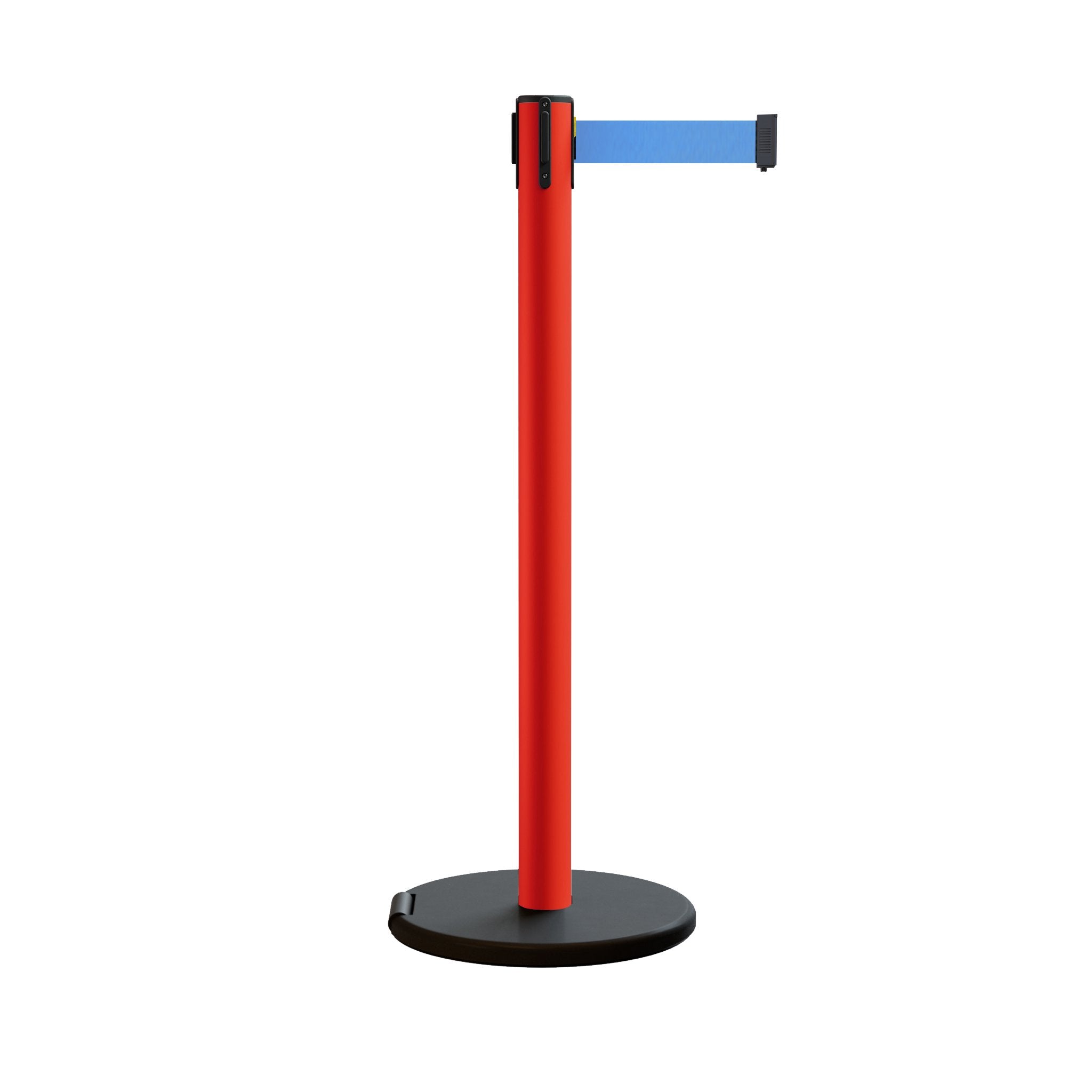 Retractable Belt Barrier Stanchion, Rolling Base, Red Steel Post, 13 ft Belt - Montour Line MSE630 - Crowd Control Warehouse